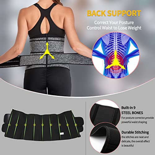 KIWI RATA Neoprene Sauna Waist Trainer Corset Sweat Belt with 2 Straps for Women Sweat Band Compression Cincher Workout Fitness Trimmer,#1 Zipper Grey,X-Large