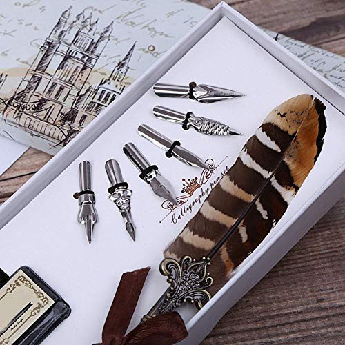 Quill Dip Pen, European Retro Feather Dip Pen Set 5 Replaceable Nibs Calligraphy Writing Pen