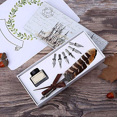 Quill Dip Pen, European Retro Feather Dip Pen Set 5 Replaceable Nibs Calligraphy Writing Pen