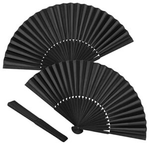 minelife 2 pack bamboo silk folding fan handheld, chinese vintage retro fabric fans, black hand fan for performance, dance, fighting, wedding, church, party & gift