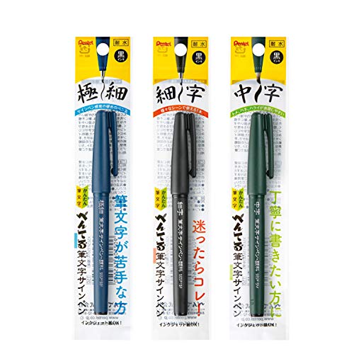 Pentel XSES15P-3AMZ Calligraphy Sign Pen, Pigment Type, Set of 3, Black