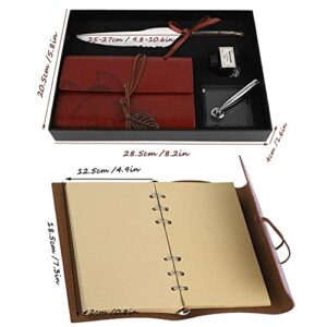 Zopsc Retro Leather Notebook with Fountain Pen with Pen Ink, Dip Feather Pen Set Calligraphy Pen Notebook,Leather Notebook Feather Quill Pen for Gift (red) (white)