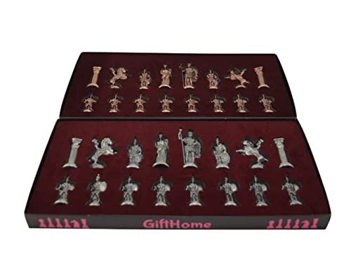 Historical Antique Copper Rome Figures Metal Chess Set for Adults, Handmade Pieces and Marble Design Wood Chess Board King 4 inc