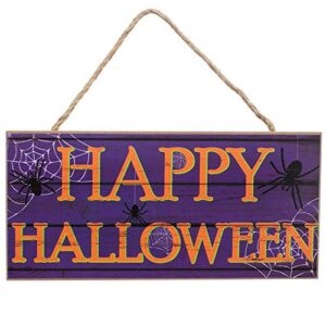happy halloween wooden welcome sign - 12.5" x 6", purple, orange, spiders, webs, fall decor, front door, home, greeting, school, classroom, party decor, fundraiser, autumn, trick or treat