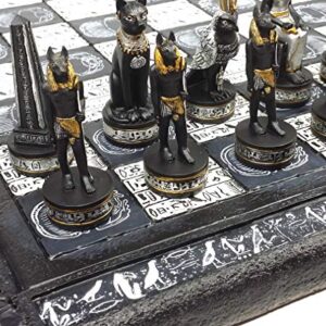 Egyptian Anubis Chess Set Black Silver and Gold Men with 16" Hieroglyphic Board