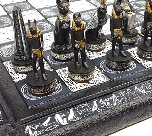 Egyptian Anubis Chess Set Black Silver and Gold Men with 16" Hieroglyphic Board