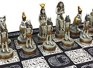 Egyptian Anubis Chess Set Black Silver and Gold Men with 16" Hieroglyphic Board