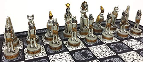 Egyptian Anubis Chess Set Black Silver and Gold Men with 16" Hieroglyphic Board