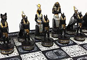 Egyptian Anubis Chess Set Black Silver and Gold Men with 16" Hieroglyphic Board