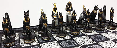 Egyptian Anubis Chess Set Black Silver and Gold Men with 16" Hieroglyphic Board