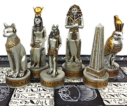 Egyptian Anubis Chess Set Black Silver and Gold Men with 16" Hieroglyphic Board