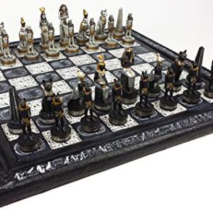 Egyptian Anubis Chess Set Black Silver and Gold Men with 16" Hieroglyphic Board