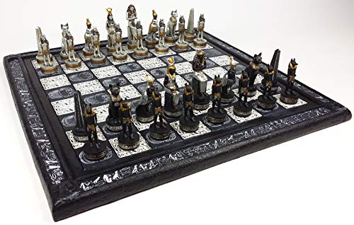 Egyptian Anubis Chess Set Black Silver and Gold Men with 16" Hieroglyphic Board