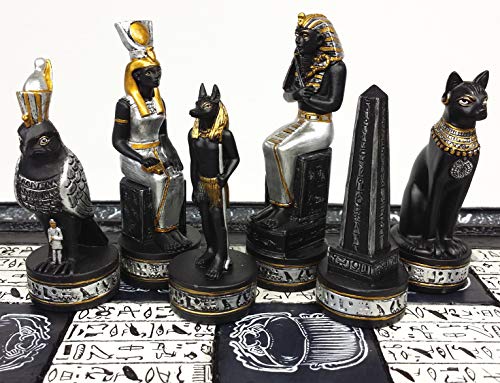 Egyptian Anubis Chess Set Black Silver and Gold Men with 16" Hieroglyphic Board