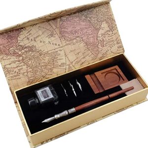gc antique wooden stem pen handcrafted calligraphy pen set dip nib pens-writing case with black ink pen wooden holder cartridges ll-182