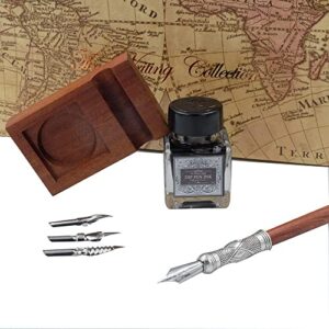 GC Antique Wooden Stem Pen Handcrafted Calligraphy Pen Set Dip Nib Pens-Writing Case With Black Ink Pen Wooden Holder Cartridges LL-182