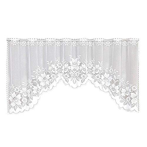 WUBODTI Lace Swag Valance Curtains for Kitchen, White Sheer Floral Embroidery Vintage Window Valances Hollow Knitted Voile Drapes for Living Room Bathroom Cafe Dining Room Small Windows, 63" Wx24”H