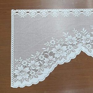 WUBODTI Lace Swag Valance Curtains for Kitchen, White Sheer Floral Embroidery Vintage Window Valances Hollow Knitted Voile Drapes for Living Room Bathroom Cafe Dining Room Small Windows, 63" Wx24”H