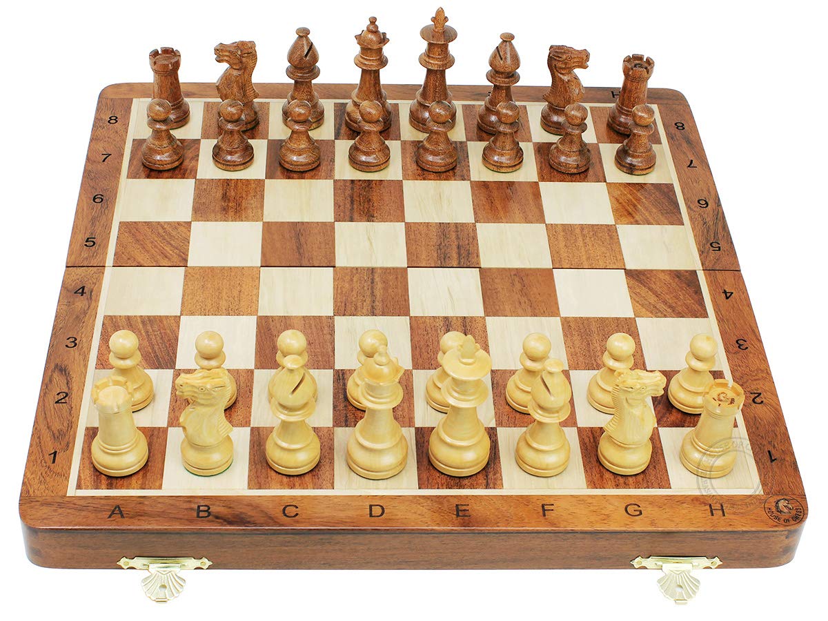 House of Chess - Victorian Staunton Golden Acacia Wood Chess Set - 14 x 14 Inches Wooden Folding Chess Board with Algebraic Notation - Wooden Chess Pieces with King Height 3 Inches + 2 Extra Queens