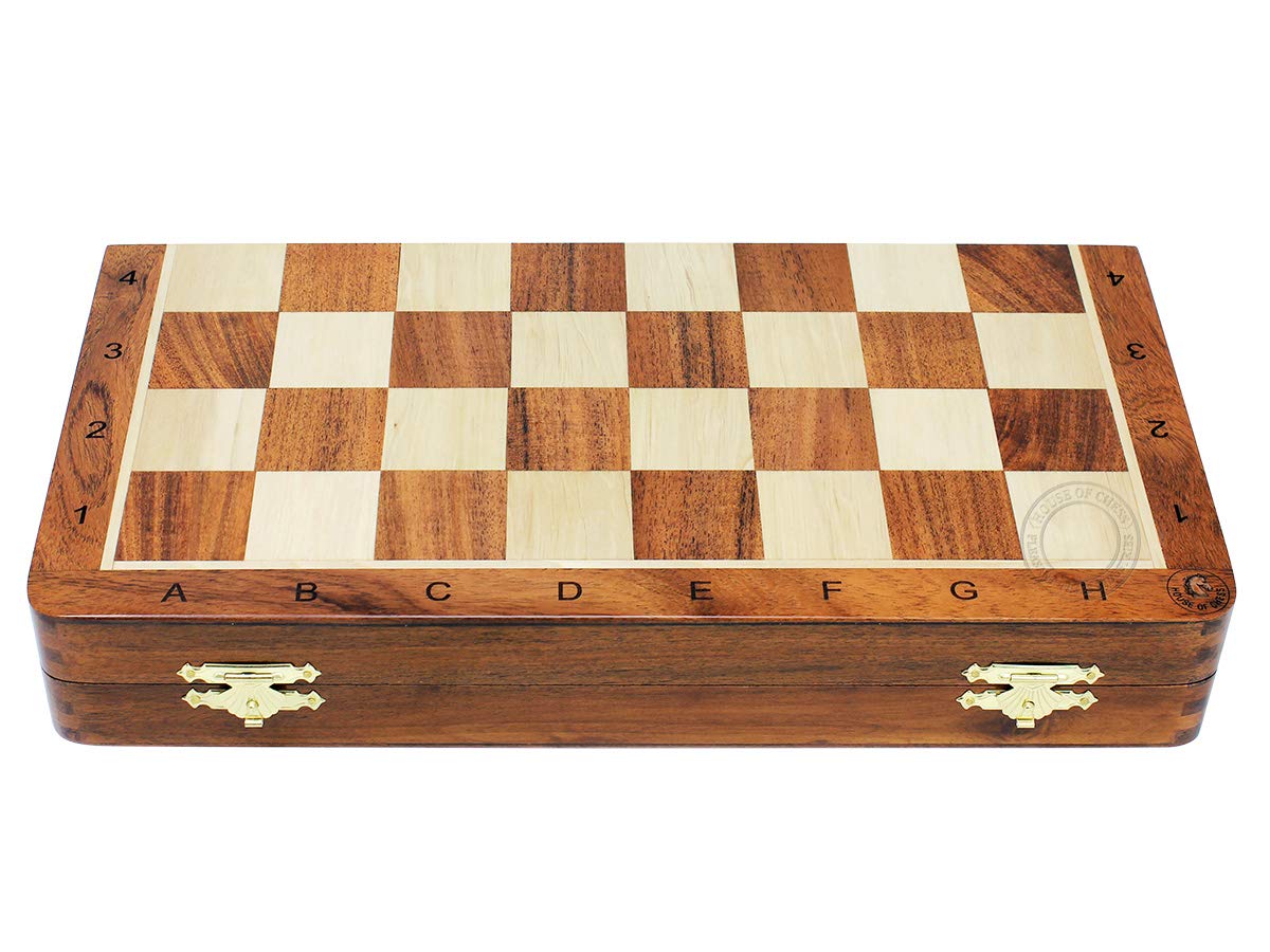 House of Chess - Victorian Staunton Golden Acacia Wood Chess Set - 14 x 14 Inches Wooden Folding Chess Board with Algebraic Notation - Wooden Chess Pieces with King Height 3 Inches + 2 Extra Queens