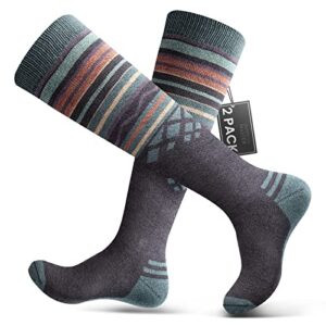 outdoormaster ski socks 2-pack merino wool, non-slip cuff for men & women - gray, m/l