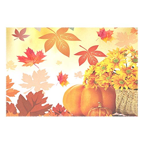 Sunflower Maple Leaves Pumpkin Autumn Fall Placemats Set of 4 Table Mat, Happy Thanksgiving Day Turkey Give Thanks Table mat Placemat Heat Resistant Stain Washable for Kitchen Decoration 12" x 18"