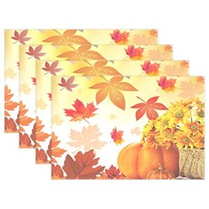 Sunflower Maple Leaves Pumpkin Autumn Fall Placemats Set of 4 Table Mat, Happy Thanksgiving Day Turkey Give Thanks Table mat Placemat Heat Resistant Stain Washable for Kitchen Decoration 12" x 18"