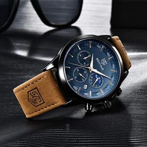 BY BENYAR Men's Watches Waterproof Sport Military Watch for Men Multifunction Chronograph Black Fashion Quartz Wristwatches Calendar with Leather Strap