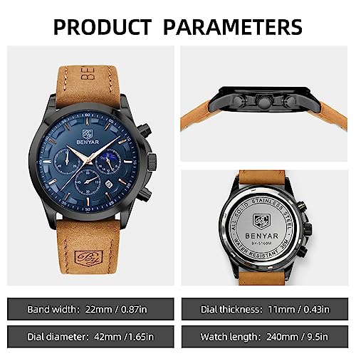 BY BENYAR Men's Watches Waterproof Sport Military Watch for Men Multifunction Chronograph Black Fashion Quartz Wristwatches Calendar with Leather Strap