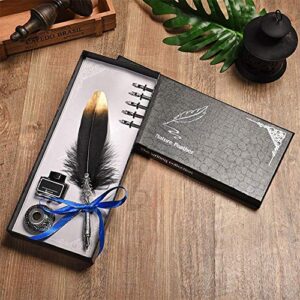 Serounder Quill Pen Set, Classical Calligraphy Fountain Pen Feather Quill Dip Pen Ink Bottle Set with Gift Box (Black)