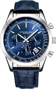 stuhrling original mens watches chronograph analog blue watch dial with date - tachymeter 24-hour subdial mens blue leather strap - watches for men rialto collection (blue)