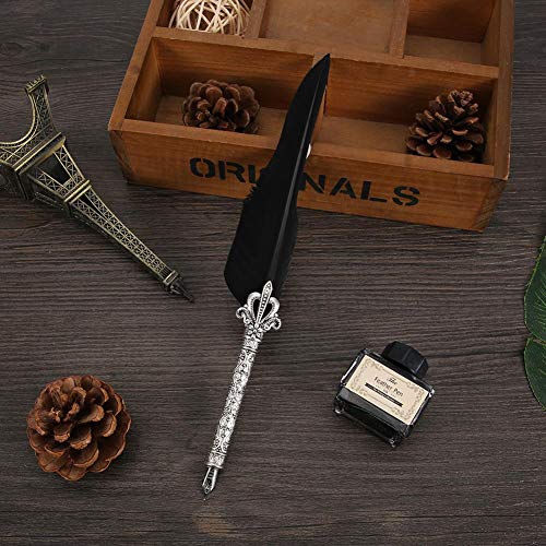 Hztyyier Vintage Feather Quill Pen Set Calligraphy Dip Pen Kit with 5x Stainless Steel Nibs + Pen Holder + Ink(Black) School Supplies