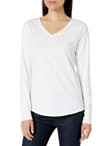 amazon essentials women's classic-fit 100% cotton long-sleeve v-neck t-shirt, white, small