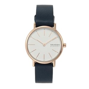 skagen women's signatur quartz analog stainless steel and leather watch, color: blue/rose gold (model: skw2838)