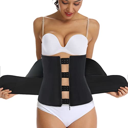 HOPLYNN Sweat Waist Trainer for Women Two Belts, Neoprene Workout Corset Waist Trainer Cincher Trimmer Shaper Zipper Black Medium