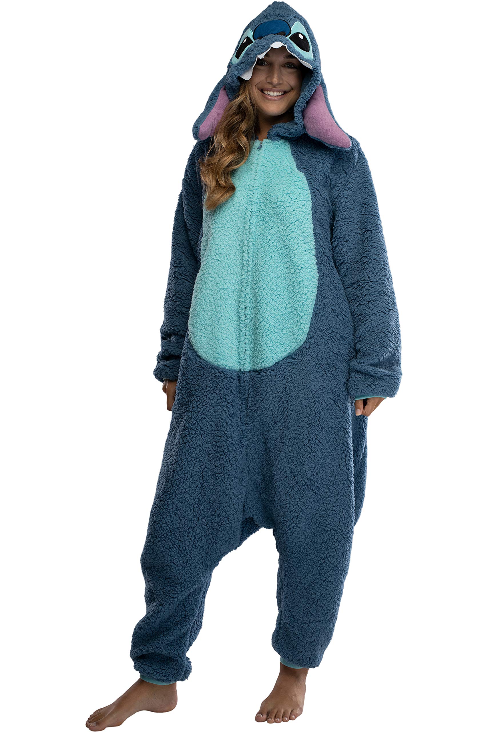 Disney Lilo & Stitch Adult Stitch Kigurumi Cosplay Costume Sherpa Union Suit Pajama Outfit (S/M) Blue