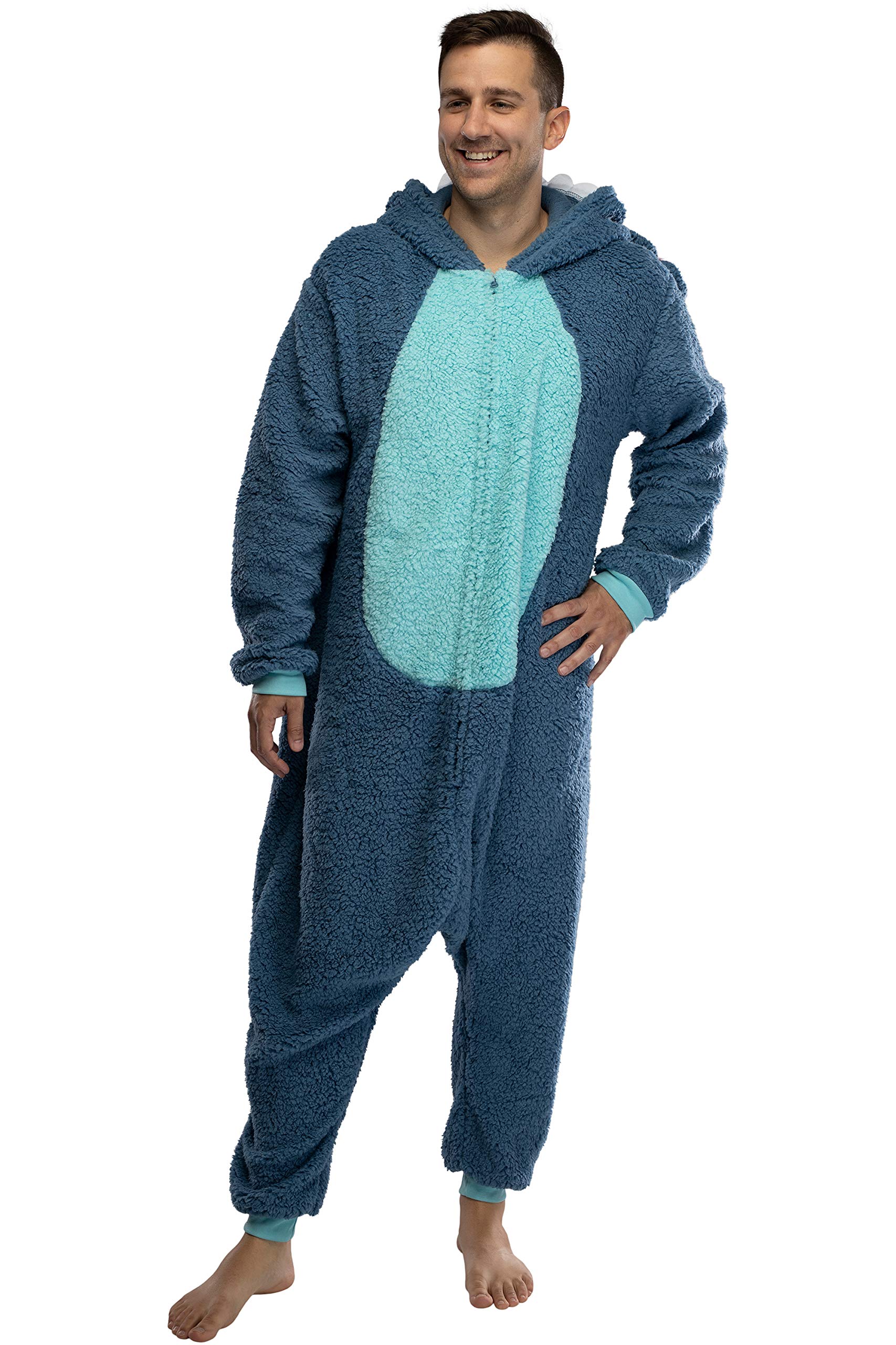 Disney Lilo & Stitch Adult Stitch Kigurumi Cosplay Costume Sherpa Union Suit Pajama Outfit (S/M) Blue