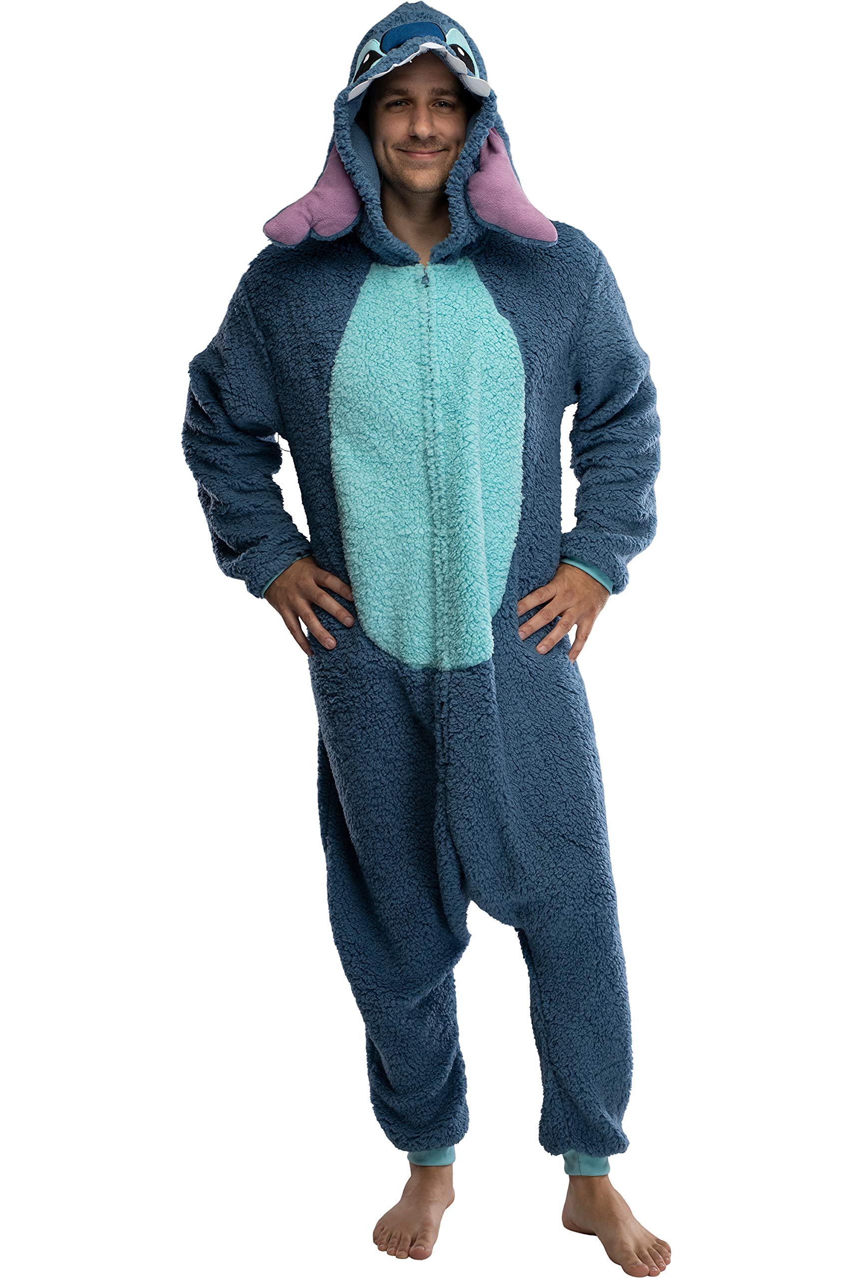 Disney Lilo & Stitch Adult Stitch Kigurumi Cosplay Costume Sherpa Union Suit Pajama Outfit (S/M) Blue