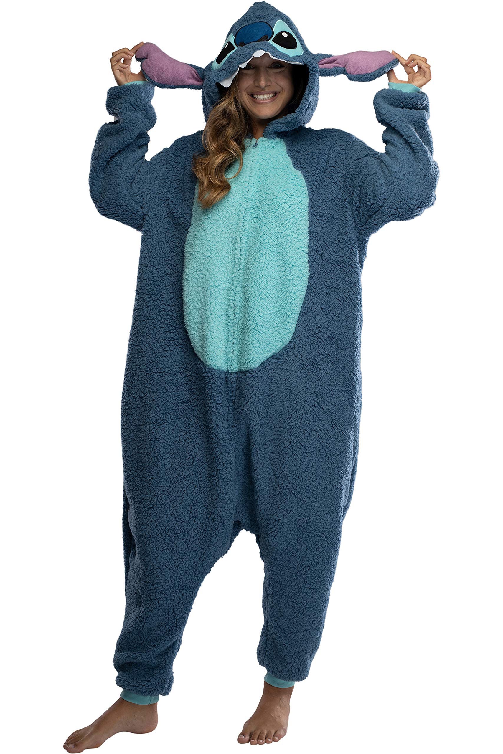 Disney Lilo & Stitch Adult Stitch Kigurumi Cosplay Costume Sherpa Union Suit Pajama Outfit (S/M) Blue