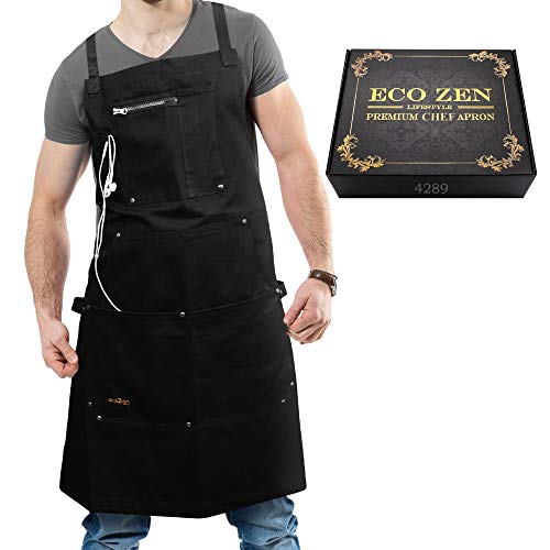 ecoZen Lifestyle Chef Apron for Men (10 oz Cotton) Ideal for Kitchen, BBQ, Cooking and Grill | Professional Grade I Fully Adjustable (M to XXL) for Perfect Fit and Comfort + Pockets