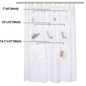 N&Y HOME Waterproof Fabric Shower Curtain or Liner with 9 Mesh Pockets - White, 71x72 Inches