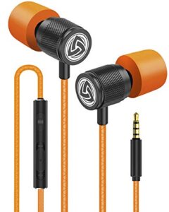 ludos ultra wired earbuds in-ear headphones, 5 years warranty, earphones with microphone, noise isolating ear buds, memory foam for iphone, samsung, school students, kids, women, small ears - orange