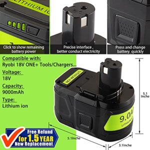 TenHutt 【3RD-Generation Upgrade 18V 9.0Ah Replacement Battery for Ryobi 18V Battery ONE+ Plus High Capacity 18V Lithium-Ion Battery P102 P103 P104 P105 P106 P108 P107 P109 for Cordless Power Tools