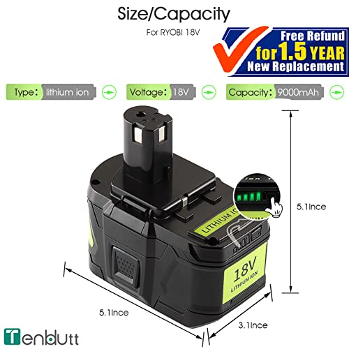 TenHutt 【3RD-Generation Upgrade 18V 9.0Ah Replacement Battery for Ryobi 18V Battery ONE+ Plus High Capacity 18V Lithium-Ion Battery P102 P103 P104 P105 P106 P108 P107 P109 for Cordless Power Tools