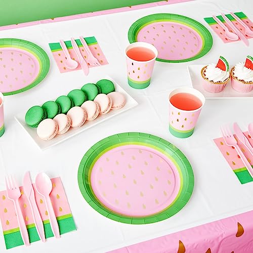 145-Pieces Pink Watermelon Party Supplies for Birthday, Baby Shower, Summer Decorations, Set includes Paper Plates, Napkins, Cups, Cutlery, and Tablecloth (Serves 24)