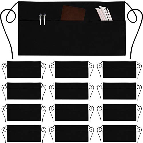 GREEN LIFESTYLE 12 Pack Server Aprons with 3 Pockets - Waist Apron, Waitress Apron for Women and Man, Water Resistant with Long Waist Strap Reinforced Seams, Half Apron (Black)