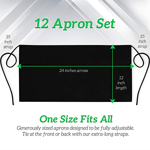 GREEN LIFESTYLE 12 Pack Server Aprons with 3 Pockets - Waist Apron, Waitress Apron for Women and Man, Water Resistant with Long Waist Strap Reinforced Seams, Half Apron (Black)