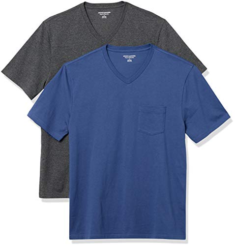 Amazon Essentials Men's Regular-Fit Short-Sleeve V-Neck Pocket T-Shirt, Pack of 2, Blue/Charcoal Heather, X-Large