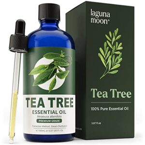 tea tree essential oil - xxl bottle w/organic drops for skin, face, hair, scalp, nails - fragrance oil for aromatherapy, diffusers, candle making, yoga, massages, home care, office essentials (150ml)