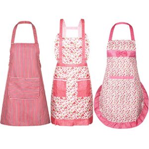 satinior 3 pieces kitchen aprons for women cute floral apron for women with pockets adjustable waist aprons for kitchen cooking housework